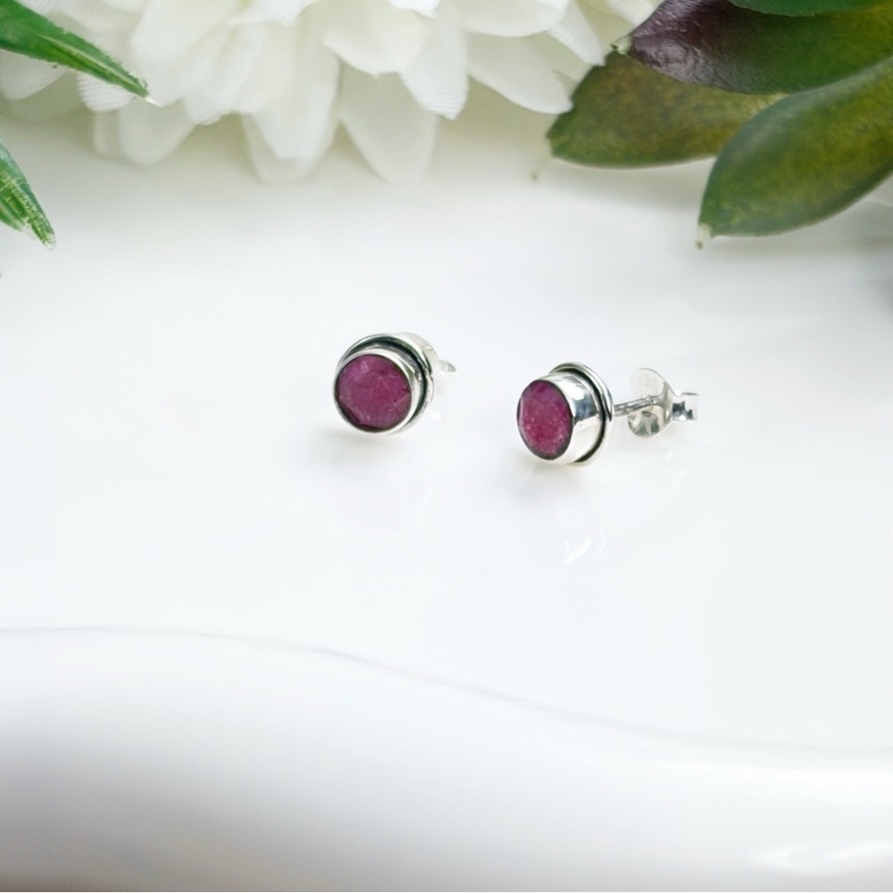 Ruby Earrings Pure Sterling Silver 925 Stud Post Southwest Boho Vintage Style - Picture 5 of 9